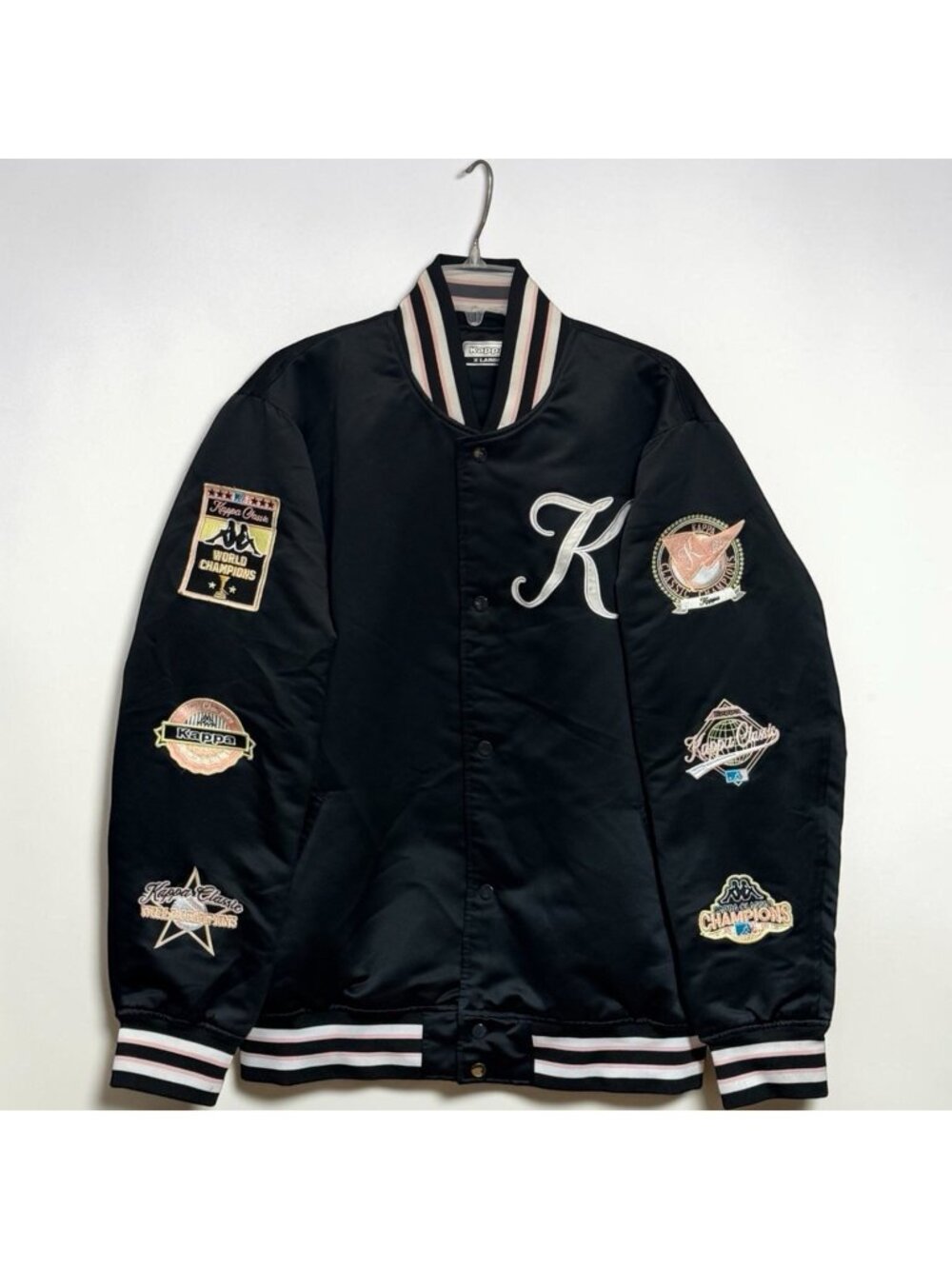 Men's Kappa Logo Jasper Bomber Jacket Black Size XL Stitched Patches